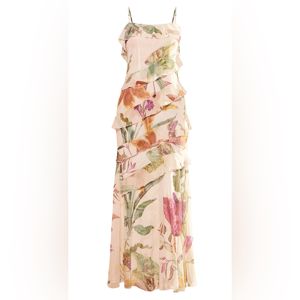 MULTI FLORAL CHIFFON EXTREME FRILL MAXI DRESS
